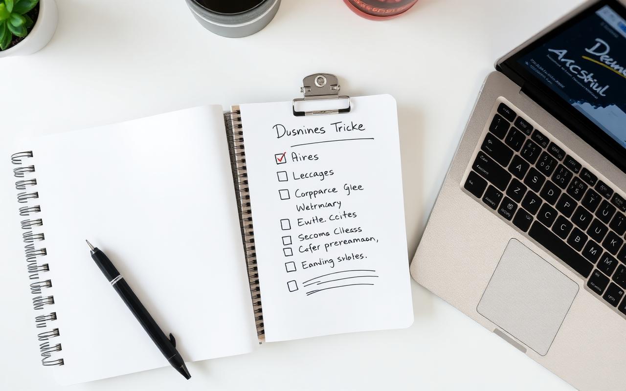 Handwritten optimization checklist next to a laptop showing a business dashboard