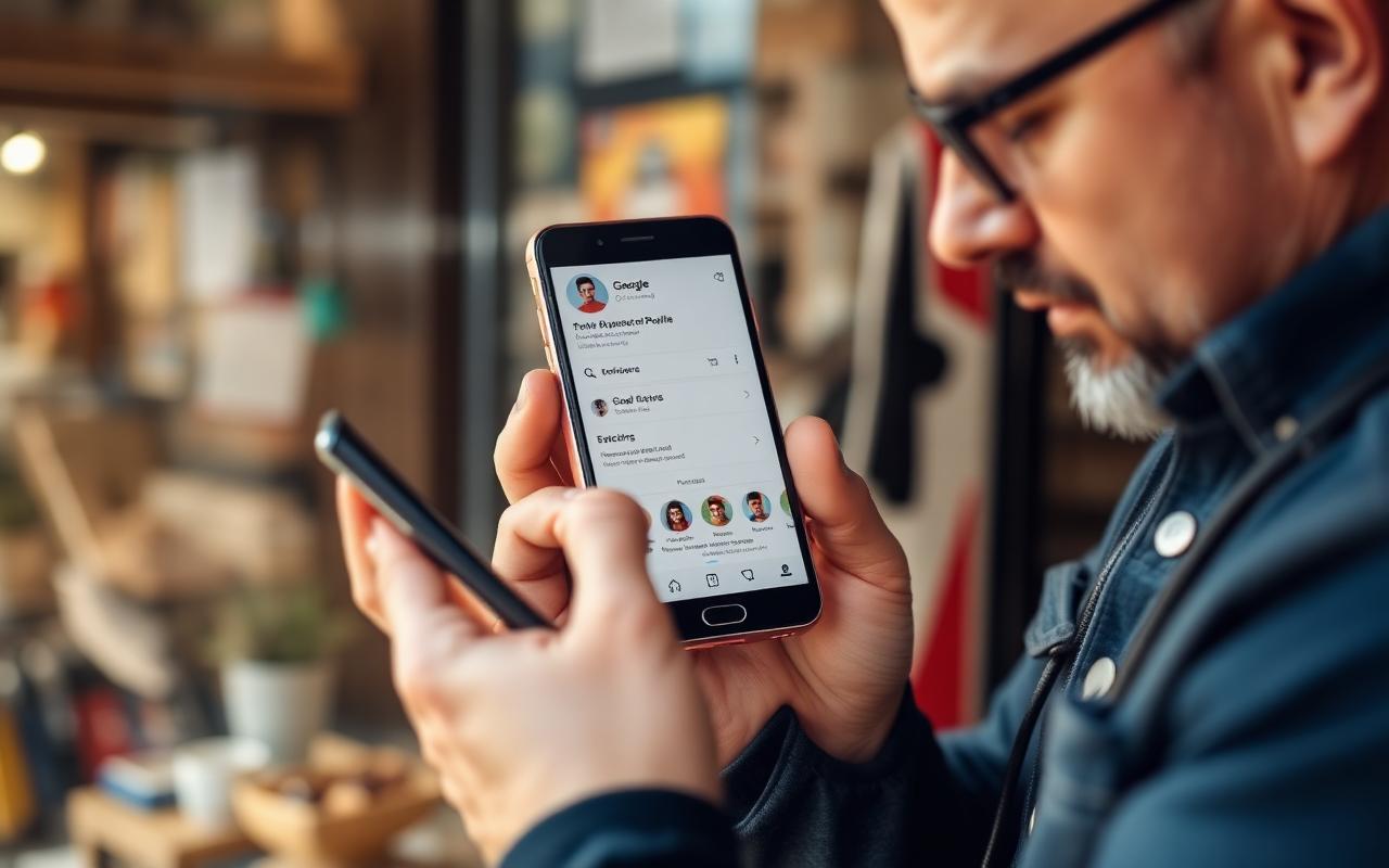 Local shop owner checking their Google Business Profile ranking on a smartphone
