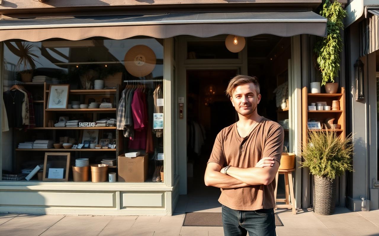 Independent shop owner standing confidently in front of their storefront